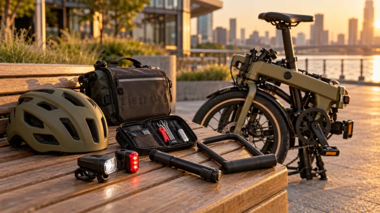 Capacete, iluminação, trava U-lock, bomba e kit de reparos em primeiro plano, com bicicleta elétrica dobrável verde-oliva ao fundo