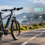 Bicicleta elétrica em estrada com indicador visual de autonomia e fatores de consumo