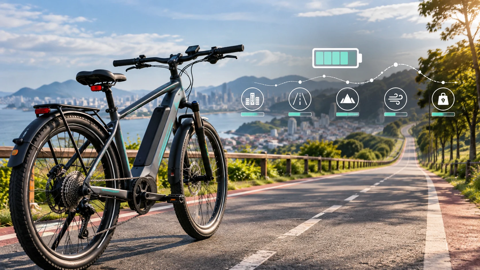 Bicicleta elétrica em estrada com indicador visual de autonomia e fatores de consumo