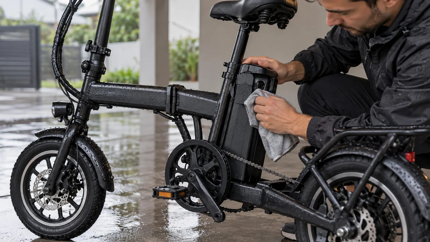 Pessoa secando com pano a região da bateria de uma bicicleta elétrica dobrável após a chuva