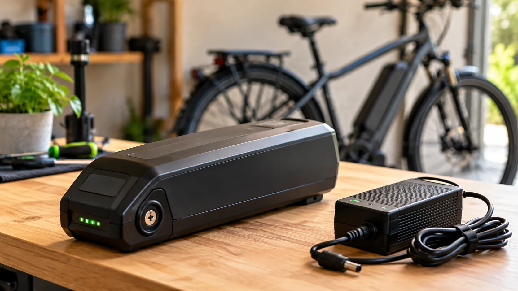 Bateria de bicicleta elétrica com carregador em bancada e e-bike ao fundo