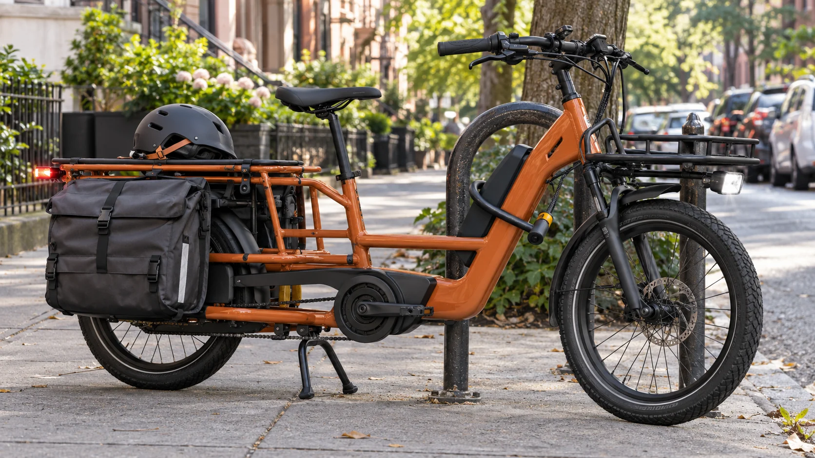 Bicicleta elétrica cargueira laranja em rua arborizada equipada com trava, luzes e alforje grande
