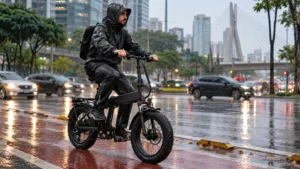 Pessoa em bicicleta elétrica dobrável com pneus largos pedalando sob chuva leve em cidade