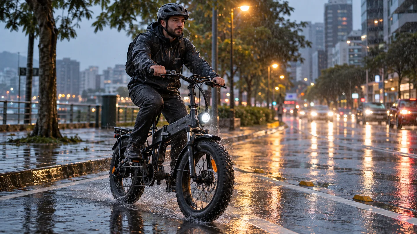 Ciclista conduz bicicleta elétrica de pneus largos em avenida molhada