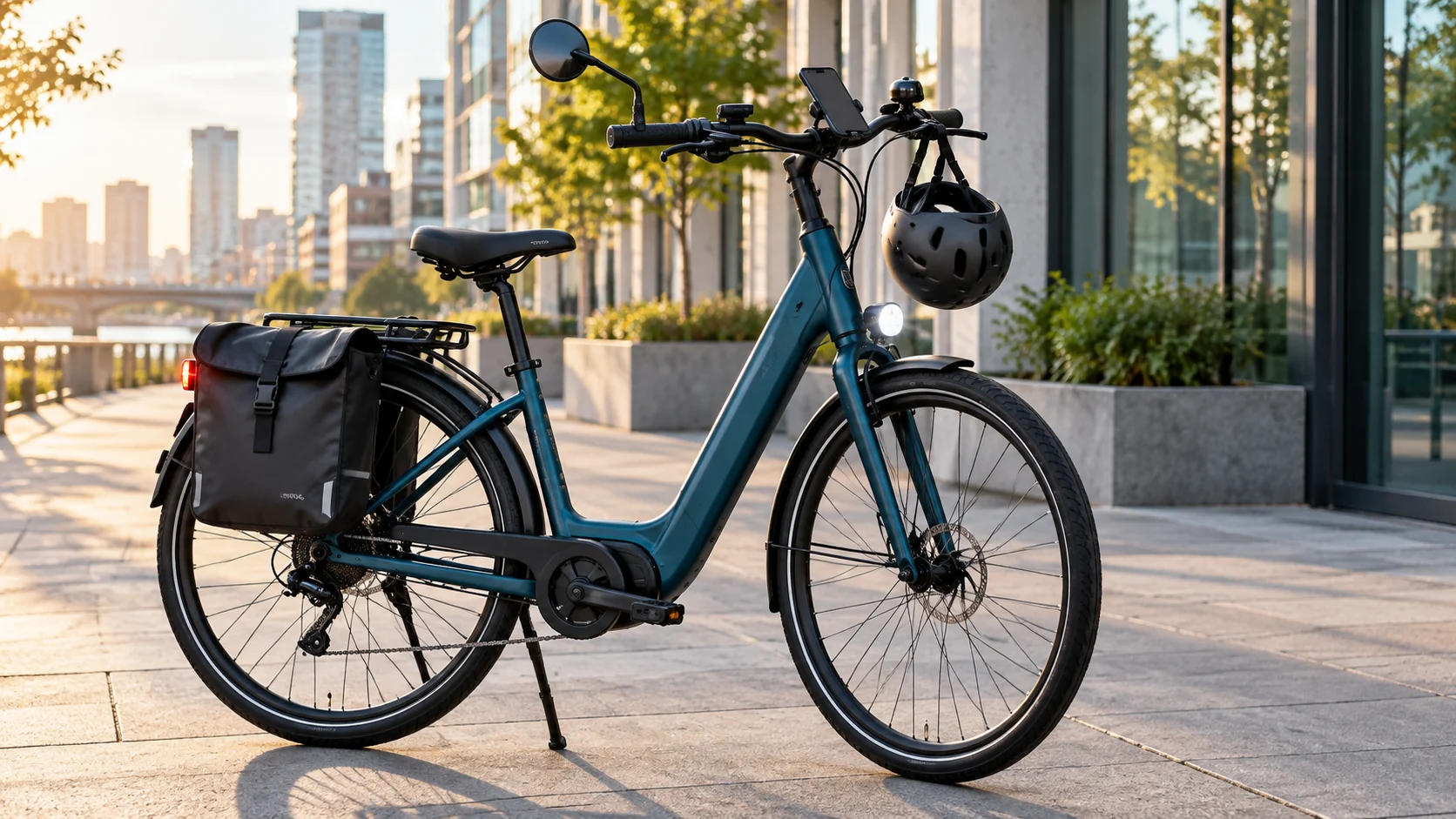 Acessórios para bicicleta elétrica: alforje, capacete, farol, espelho e campainha em modelo urbano