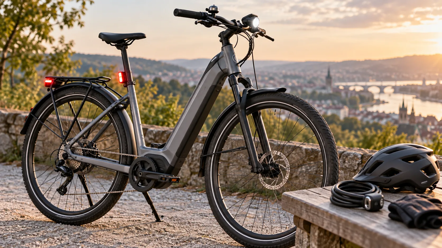 Bicicleta elétrica equipada com iluminação, capacete e trava para uso seguro