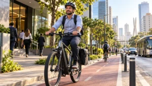 Pessoa com capacete indo ao trabalho de bicicleta elétrica em ciclovia urbana