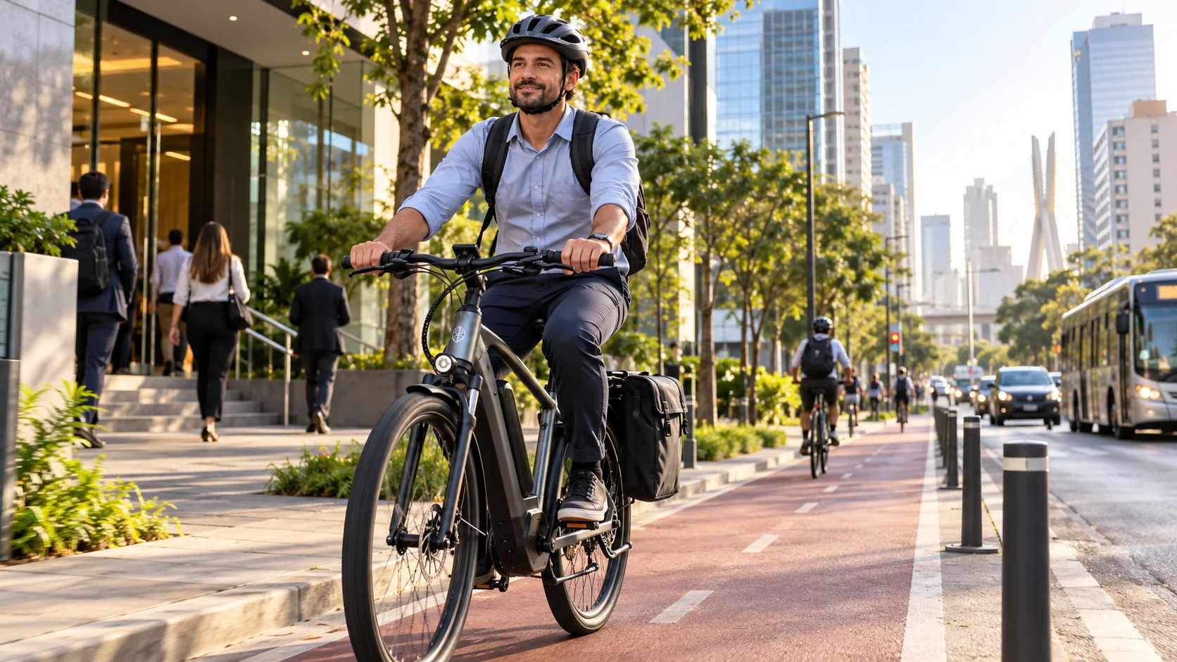 Pessoa com capacete indo ao trabalho de bicicleta elétrica em ciclovia urbana