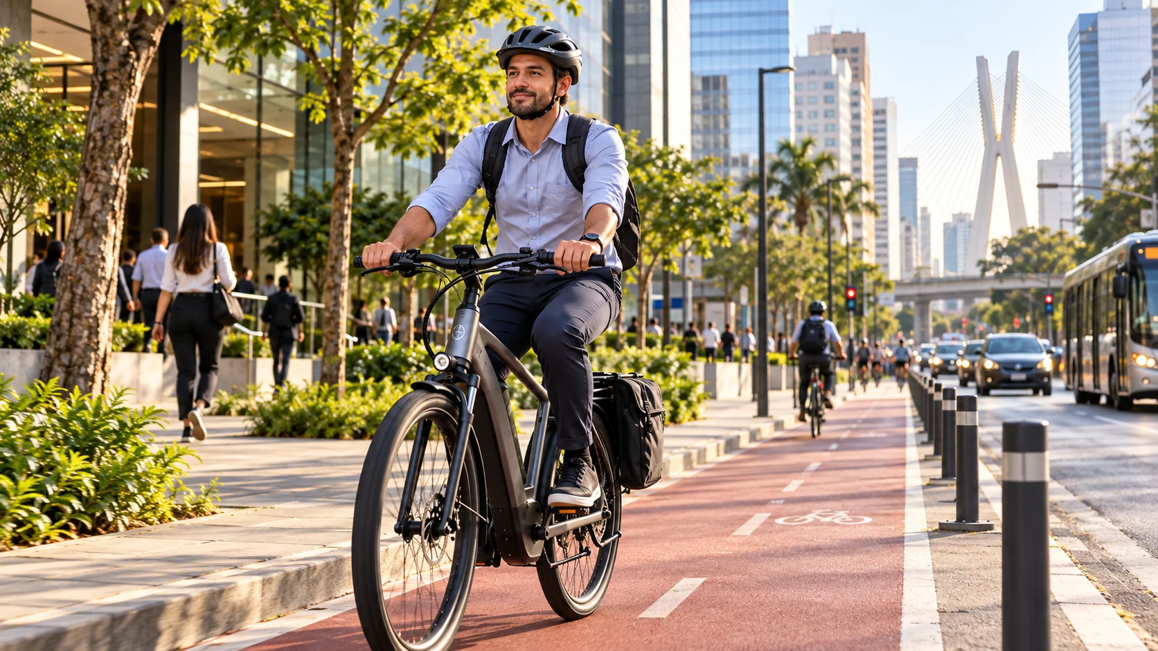 Trabalhador com capacete pedalando uma bicicleta elétrica em ciclovia protegida