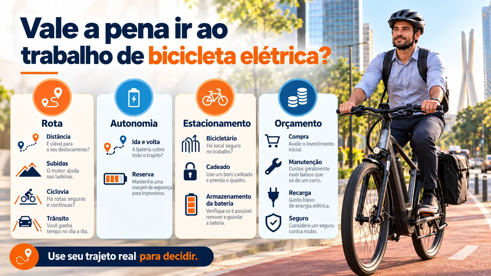 Bicicleta elétrica para ir ao trabalho: infográfico com rota, autonomia, estacionamento e orçamento