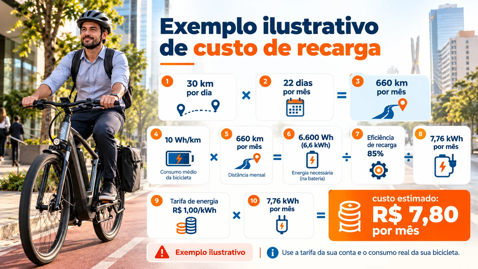 Infográfico com exemplo ilustrativo de custo mensal de recarga de bicicleta elétrica: 660 km, 7,76 kWh e R$ 7,80