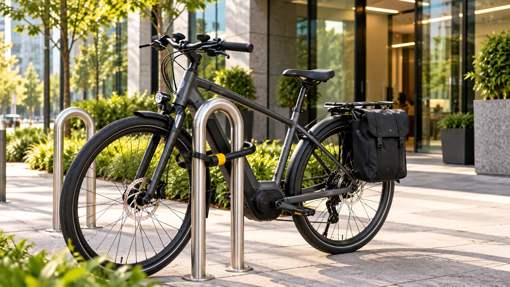 Bicicleta elétrica urbana presa pelo quadro com cadeado resistente a um bicicletário de escritório
