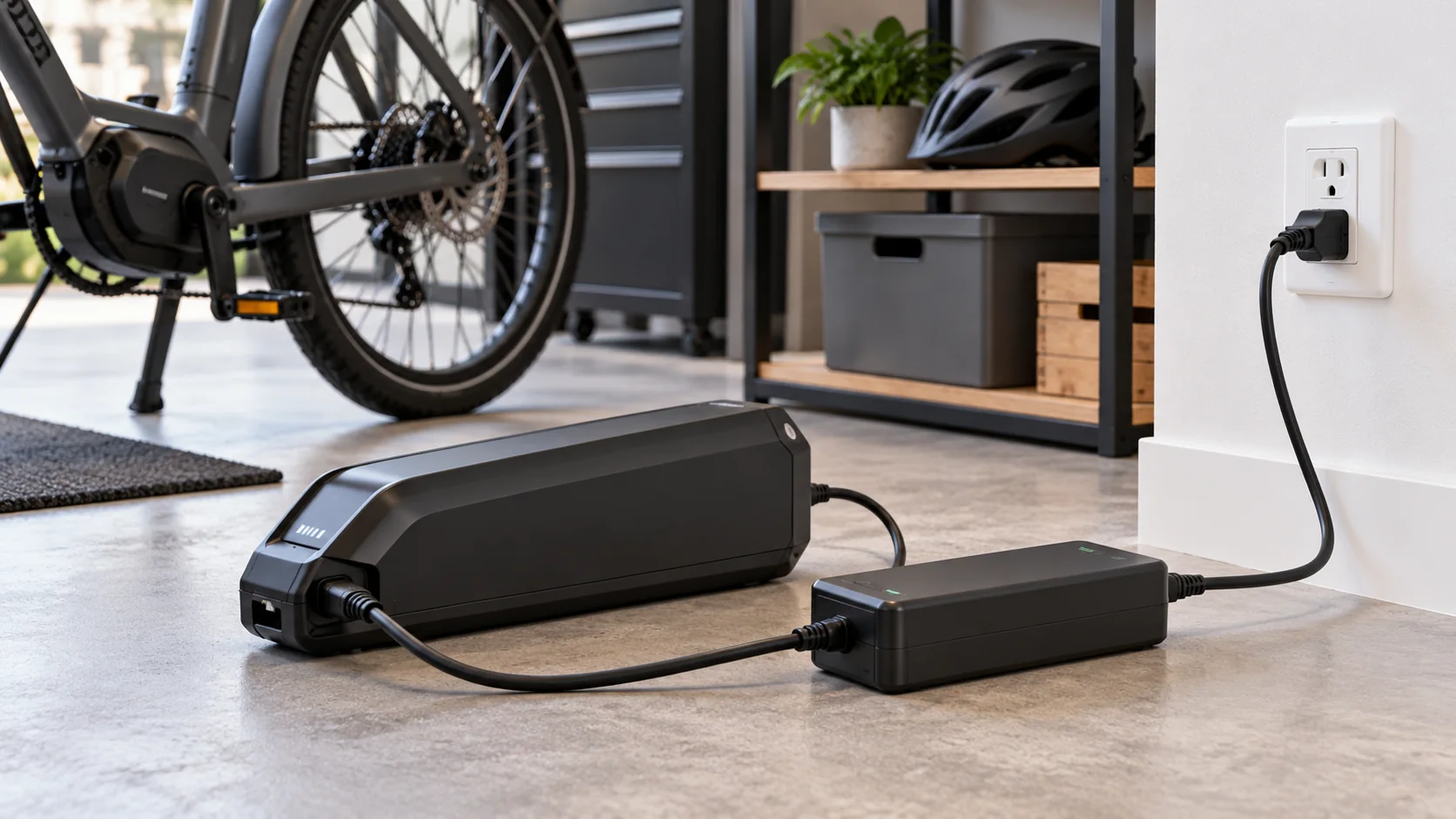 Bateria de bicicleta elétrica conectada a carregador em ambiente interno organizado e seco