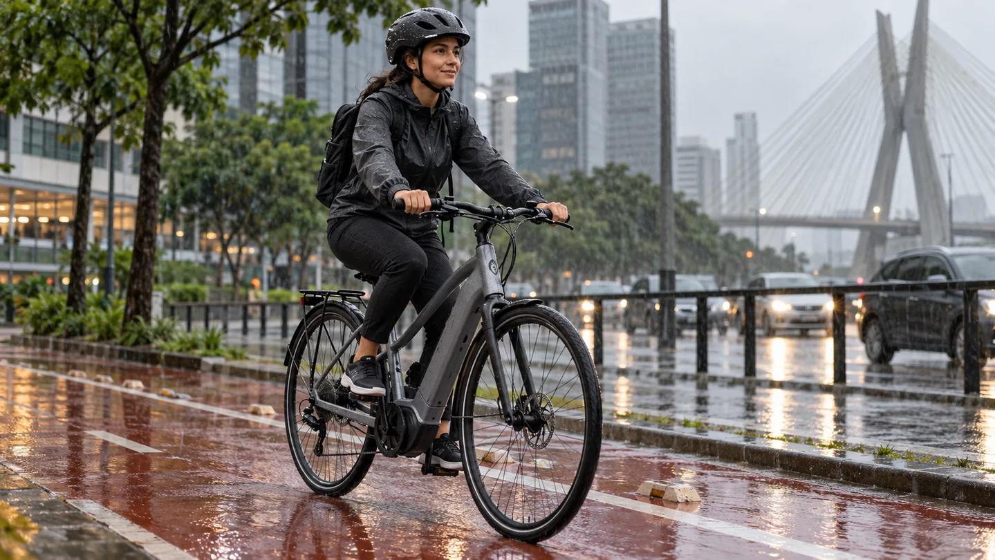 bicicleta elétrica pode andar na chuva: ciclista em bicicleta elétrica urbana na pista molhada
