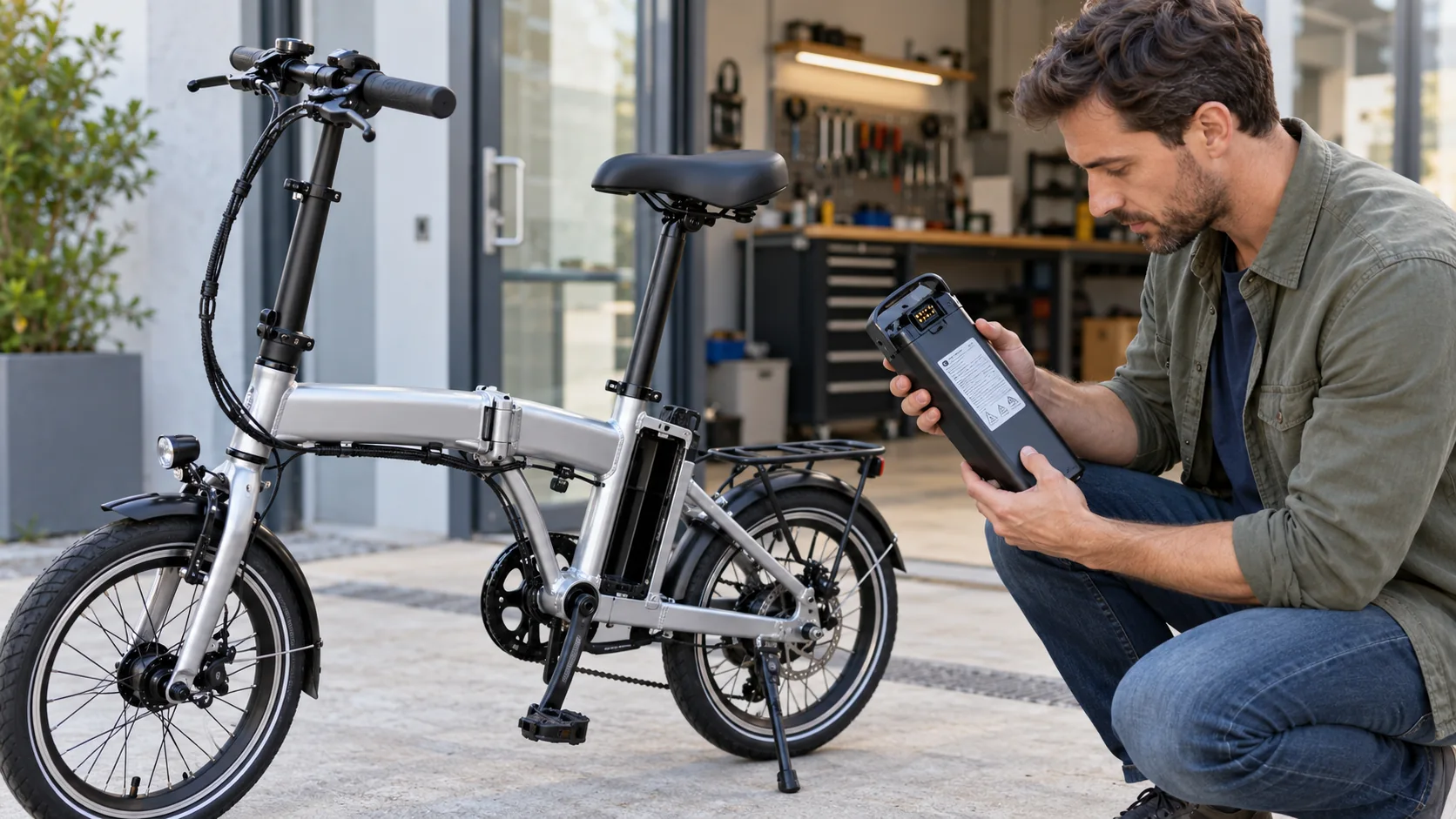 Homem examina bateria de bicicleta elétrica dobrável prata usada