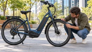 Homem inspeciona bicicleta elétrica urbana azul usada, verificando o pneu dianteiro