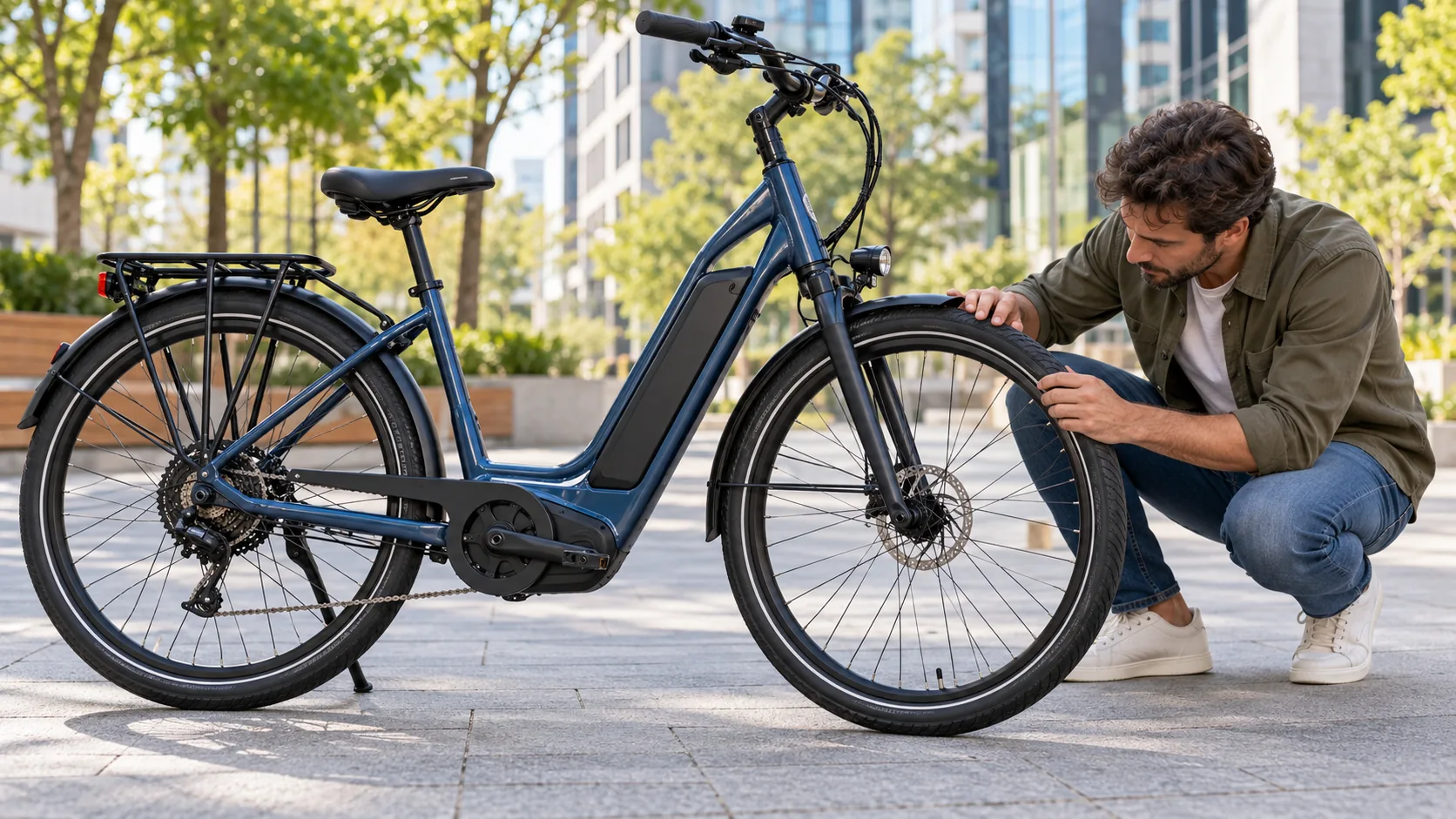 Homem inspeciona bicicleta elétrica urbana azul usada, verificando o pneu dianteiro