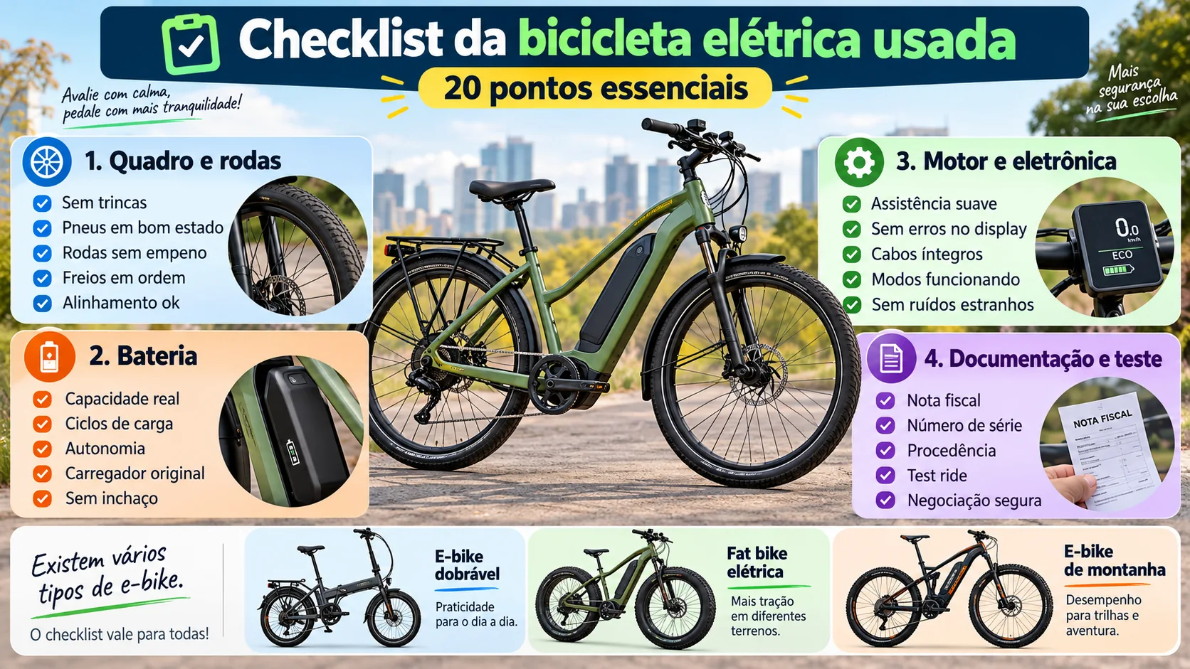 Infográfico com checklist de 20 itens para avaliar quadro, bateria, motor, freios, procedência e teste prático da bicicleta elétrica usada