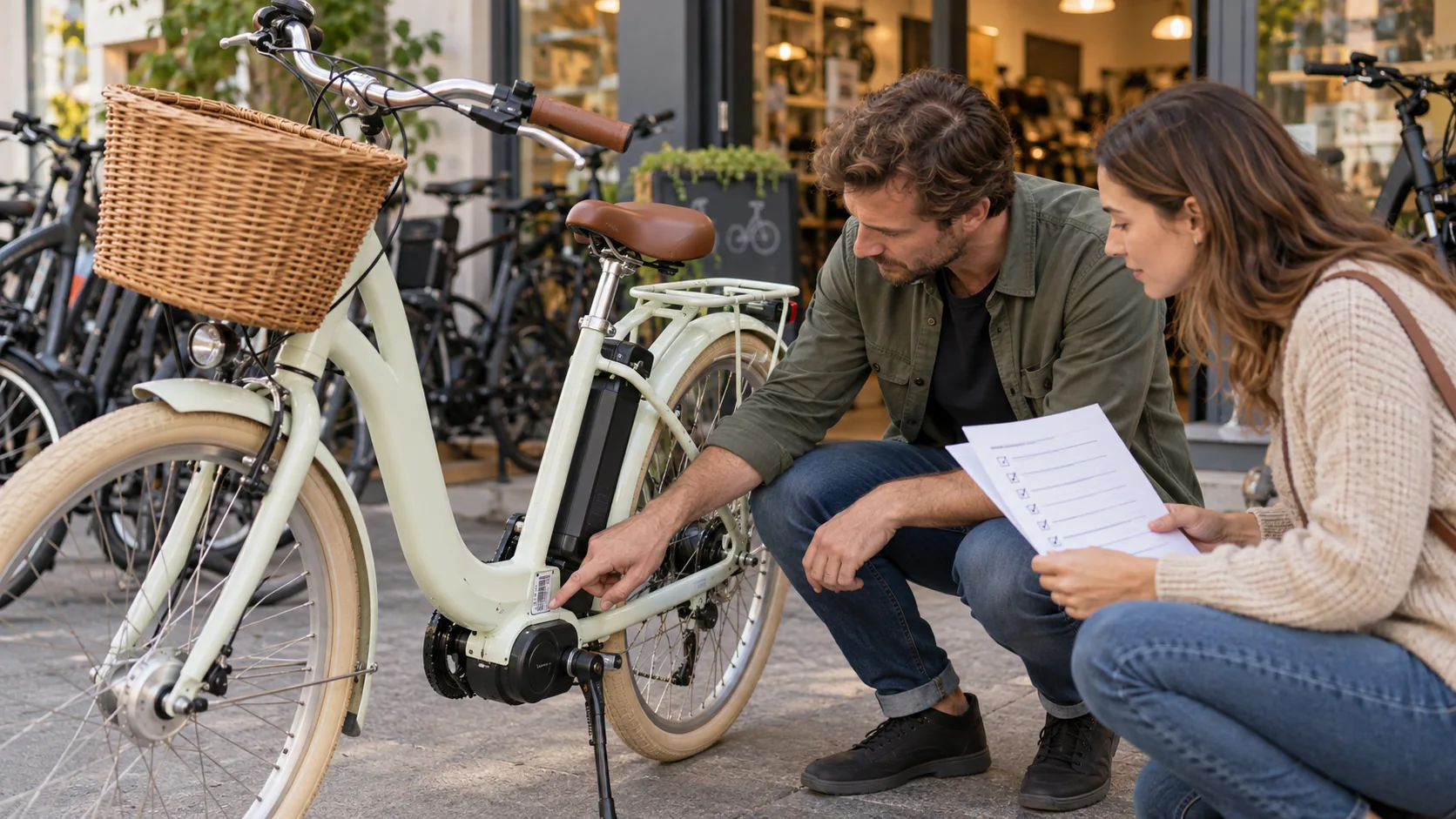 Conferência de número de série e documentação em bicicleta elétrica retrô creme