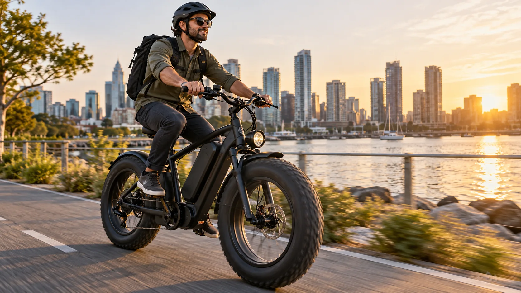 Teste de condução em fat bike elétrica preta com pneus largos