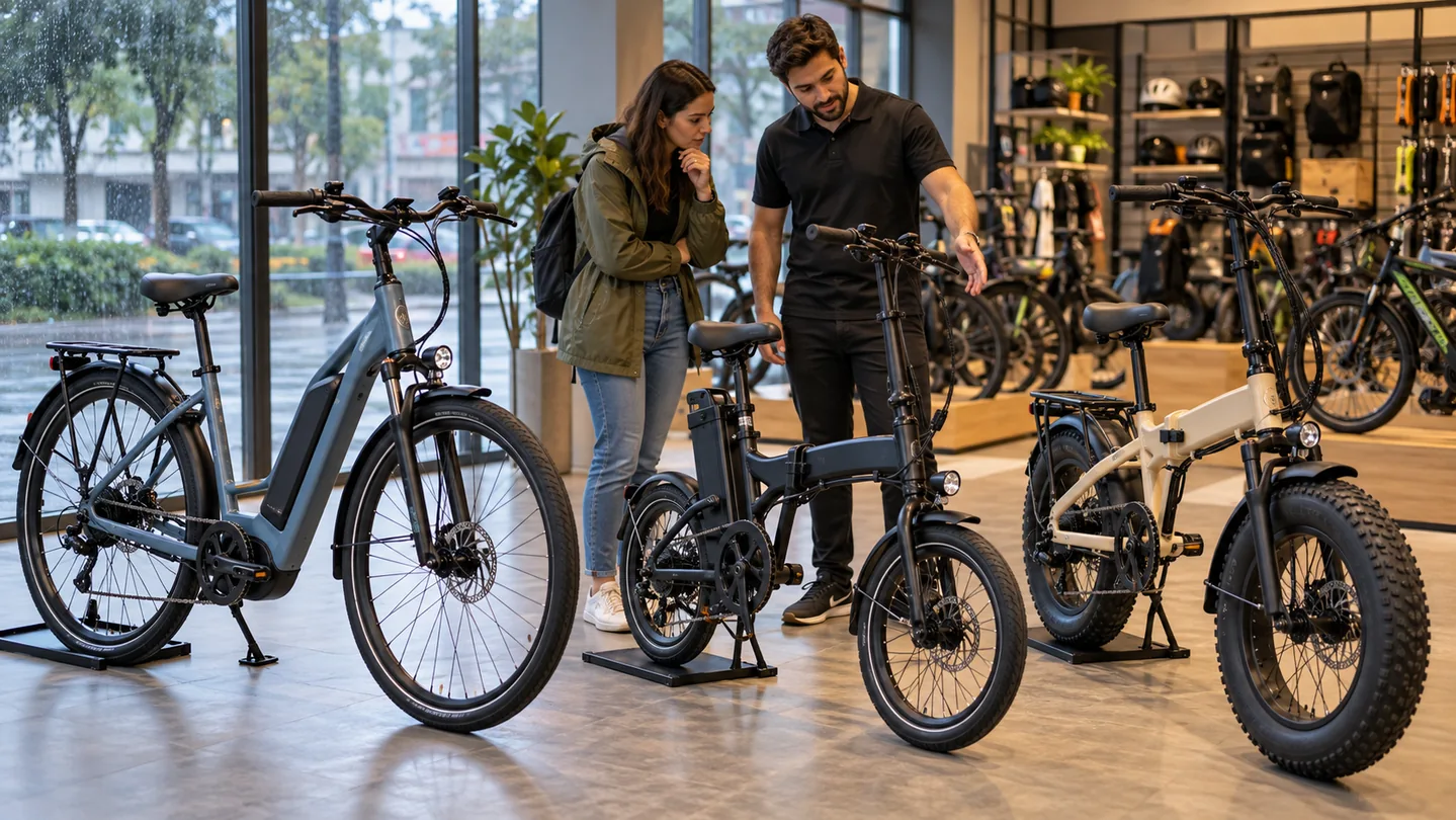 Bicicletas elétricas em três estilos numa loja: urbana, dobrável e de pneus largos