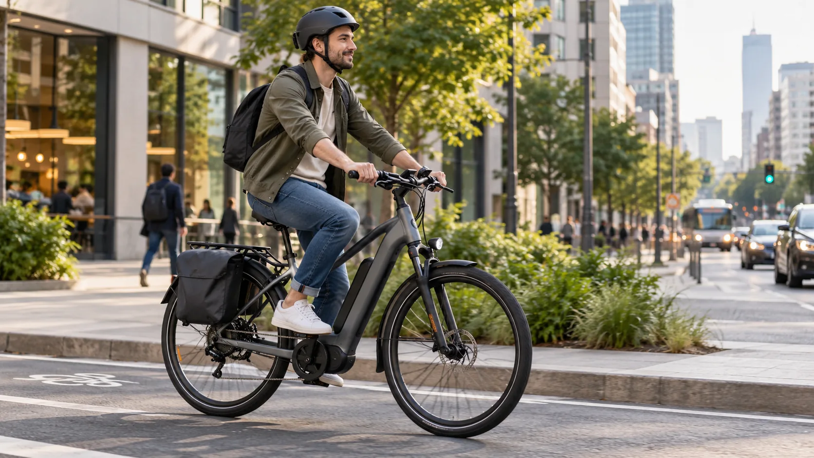 Ciclista usando bicicleta elétrica em deslocamento urbano