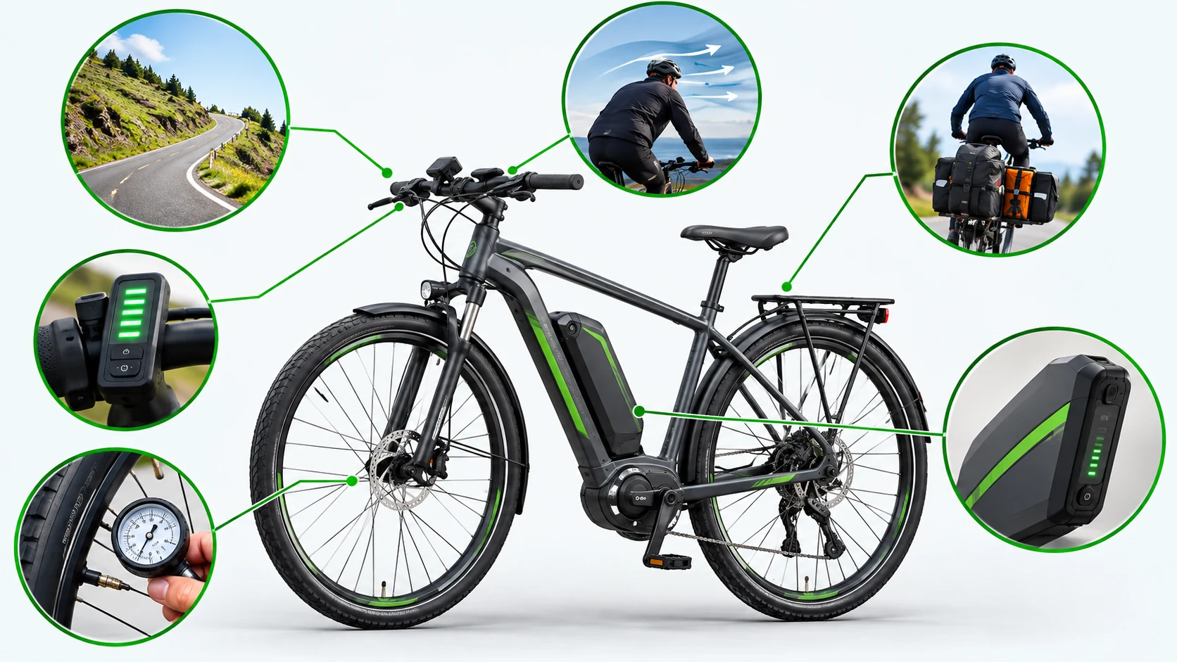 Fatores que influenciam a autonomia da bicicleta elétrica como subida, vento, carga, assistência, pneus e bateria