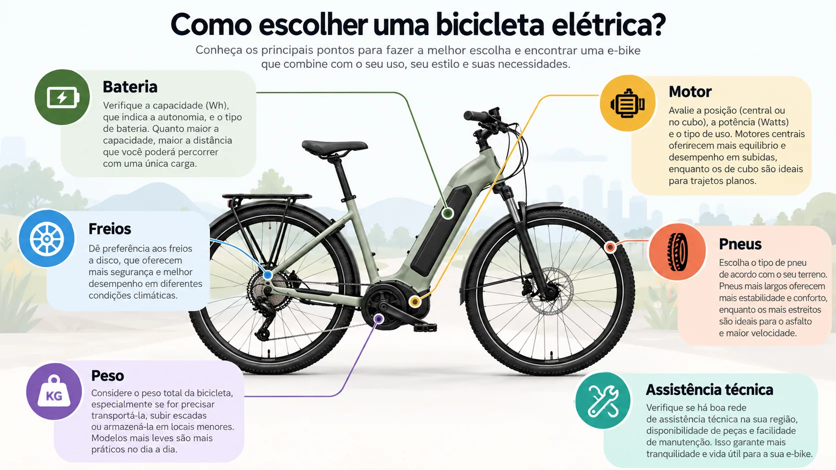 Infográfico sobre como escolher uma bicicleta elétrica considerando bateria, motor, freios, pneus, peso e assistência técnica