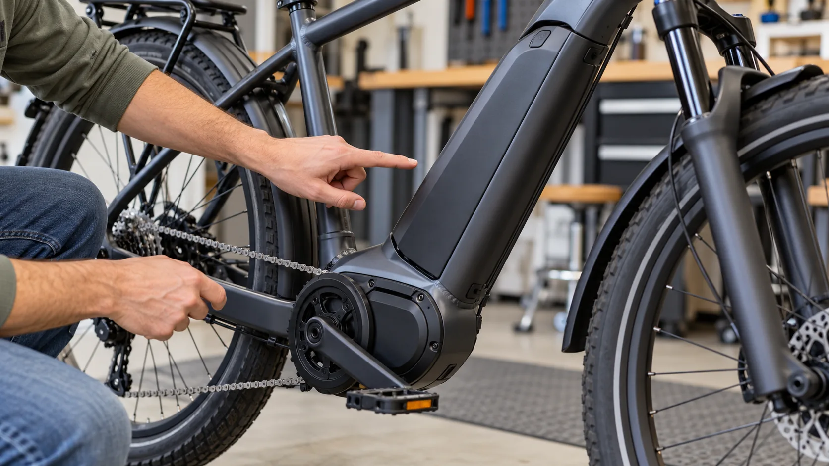 Inspeção do motor e da bateria de uma bicicleta elétrica