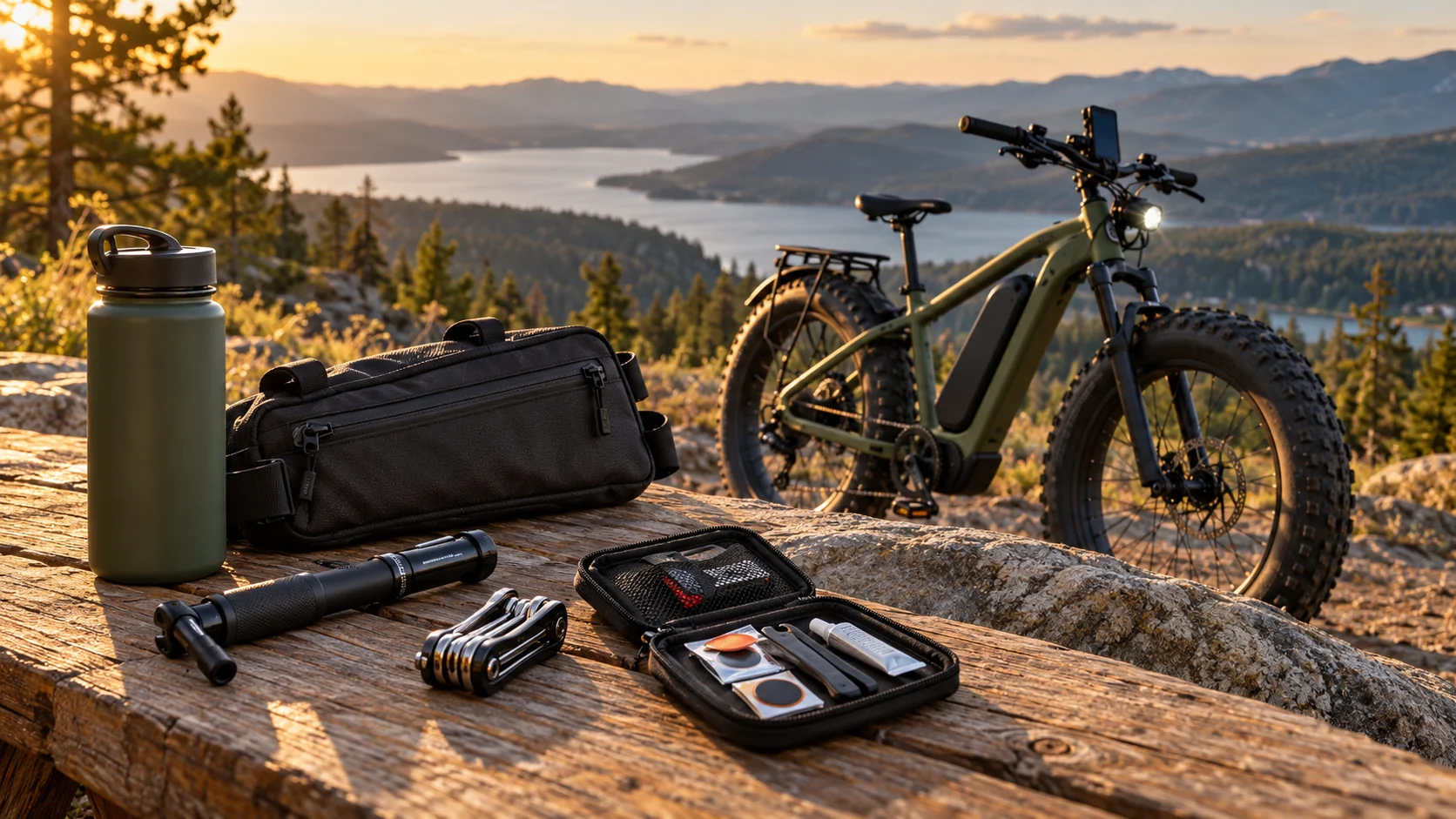 Bomba portátil, estojo de reparos, kit de ferramentas e bolsa para bicicleta elétrica em bancada de madeira