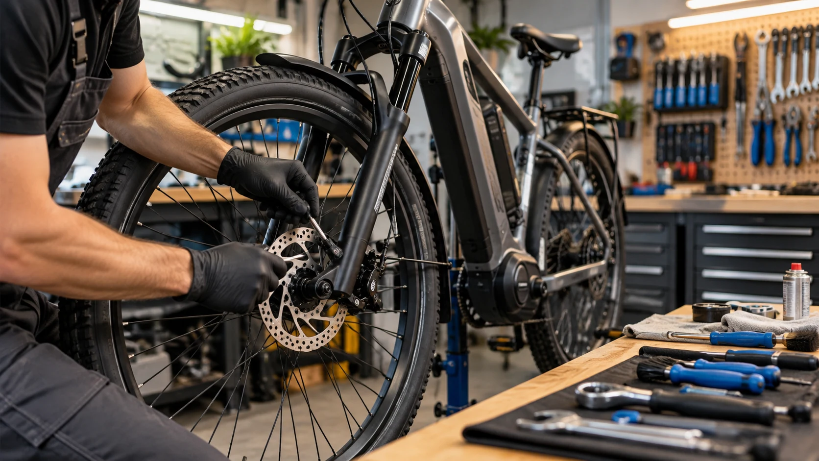 Manutenção preventiva de bicicleta elétrica em oficina com ajuste do freio dianteiro