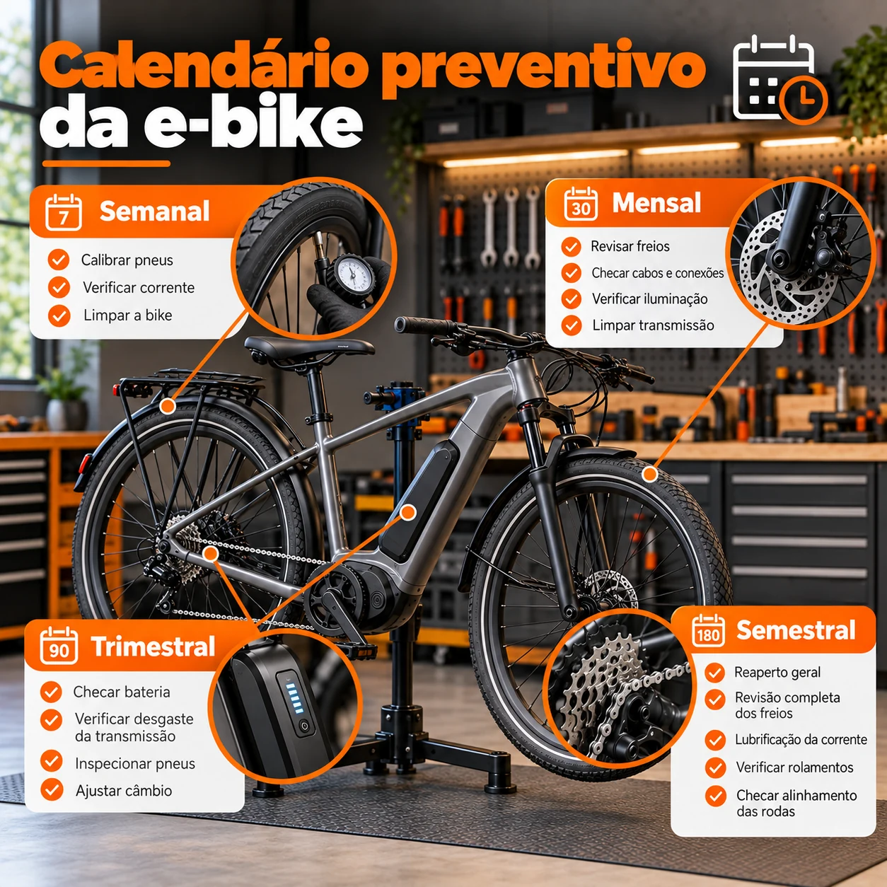 Calendário preventivo de manutenção da bicicleta elétrica com tarefas semanais, mensais, trimestrais e semestrais