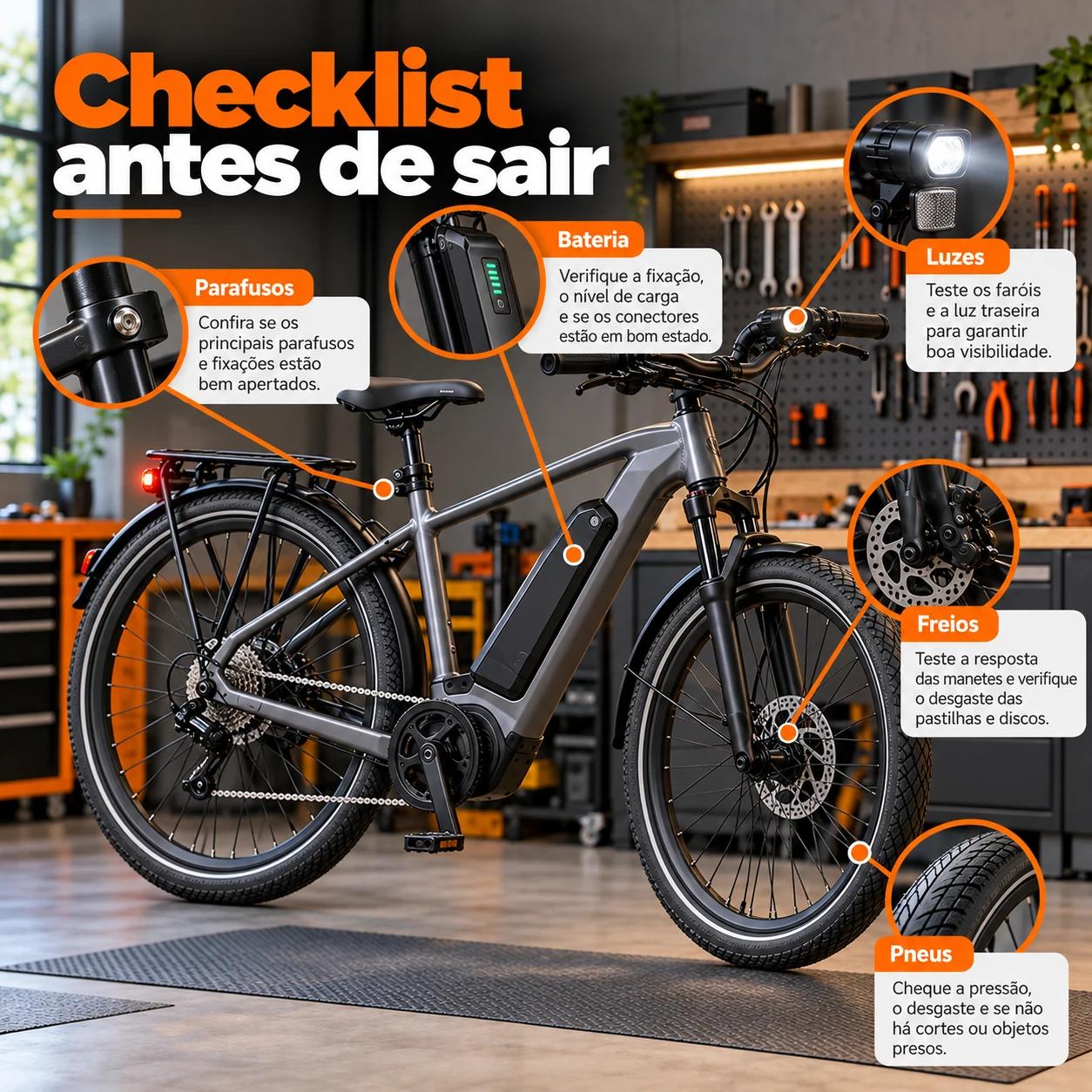 Checklist antes de sair com bicicleta elétrica, verificando freios, pneus, bateria, luzes e parafusos