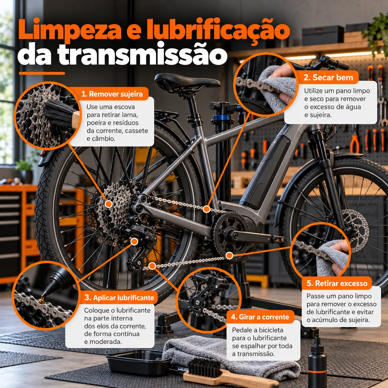 Limpeza e lubrificação da transmissão de bicicleta elétrica com corrente, cassete, câmbio, pano, escova e lubrificante