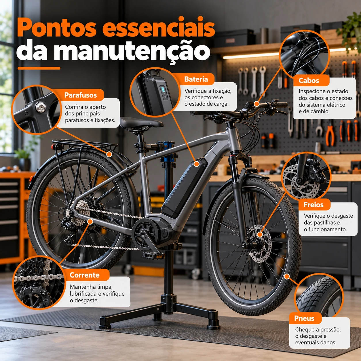 Pontos essenciais da manutenção de bicicleta elétrica, incluindo bateria, cabos, freios, pneus, corrente e parafusos