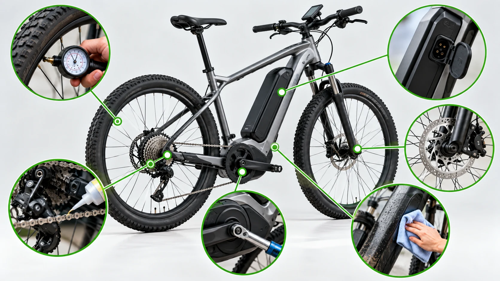 Manutenção preventiva de e-bike com calibragem, freios, corrente, torque, limpeza e bateria