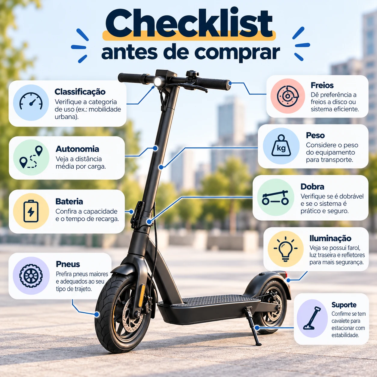 Checklist para comprar patinete elétrico com critérios de autonomia, bateria, pneus, freios, peso, dobra e iluminação