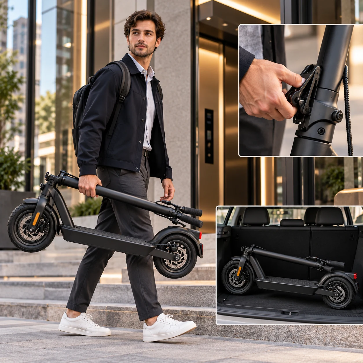 Patinete elétrico dobrável sendo transportado por usuário em ambiente urbano
