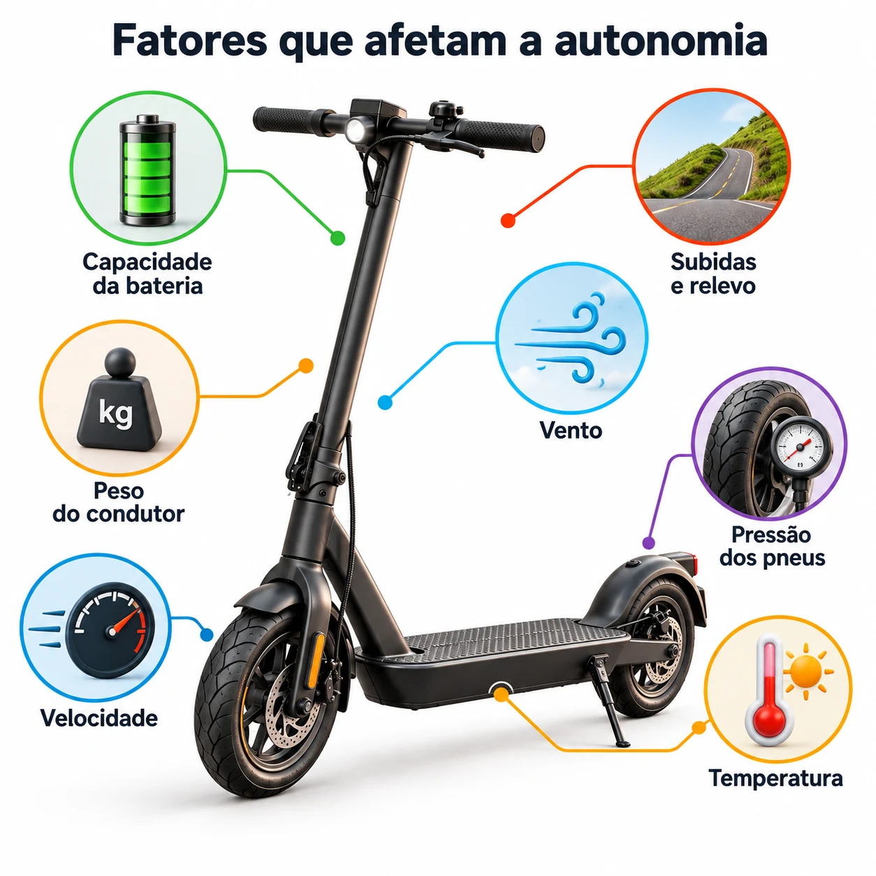 Fatores que afetam a autonomia do patinete elétrico, como bateria, peso, relevo, pneus, velocidade, vento e temperatura