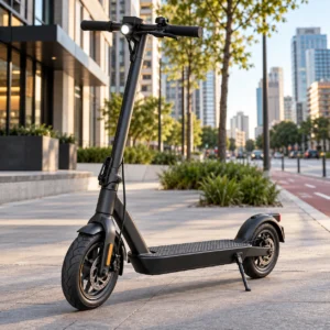Patinete elétrico urbano dobrável em ambiente moderno de mobilidade