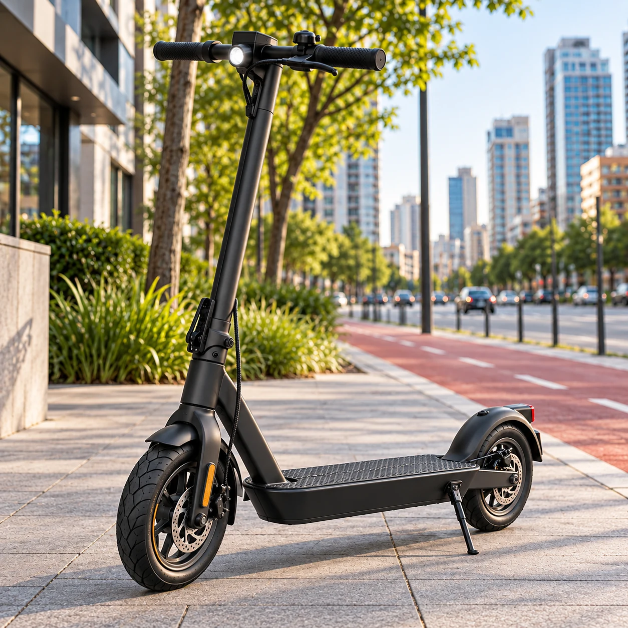 Patinete elétrico preto dobrável com pneus largos, freio a disco e iluminação dianteira