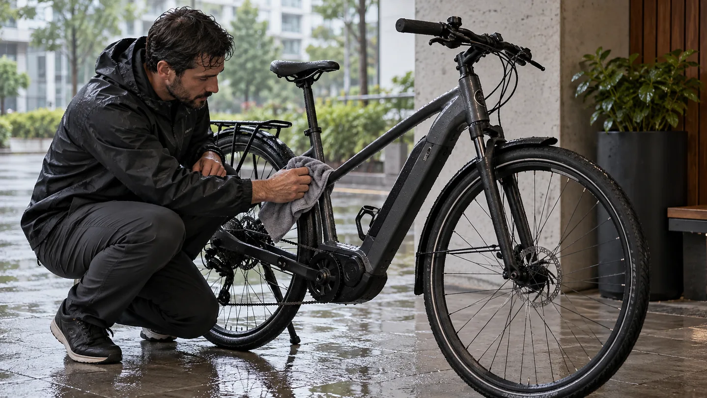 Pessoa secando com pano a estrutura de bicicleta elétrica após circular sob chuva