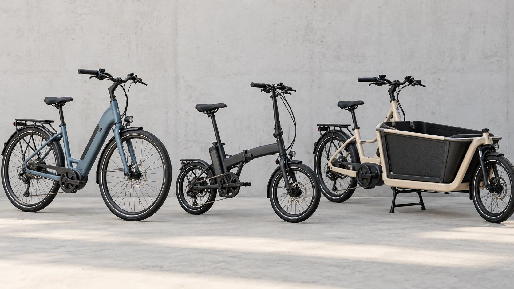 Diferentes tipos de bicicletas elétricas urbanas lado a lado